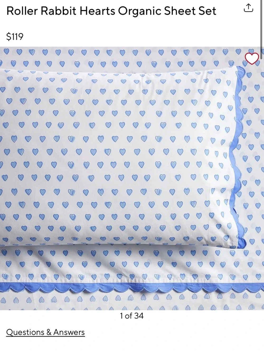 Roller Rabbit Blue Heart Print Organic Sheet Set